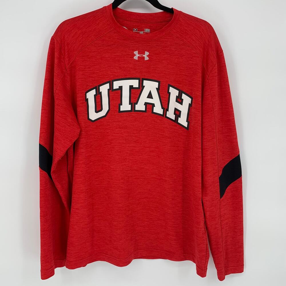Utah Utes Under Armour Shirt Men's Large Red Loose Long Sleeve Heat Gear READ
